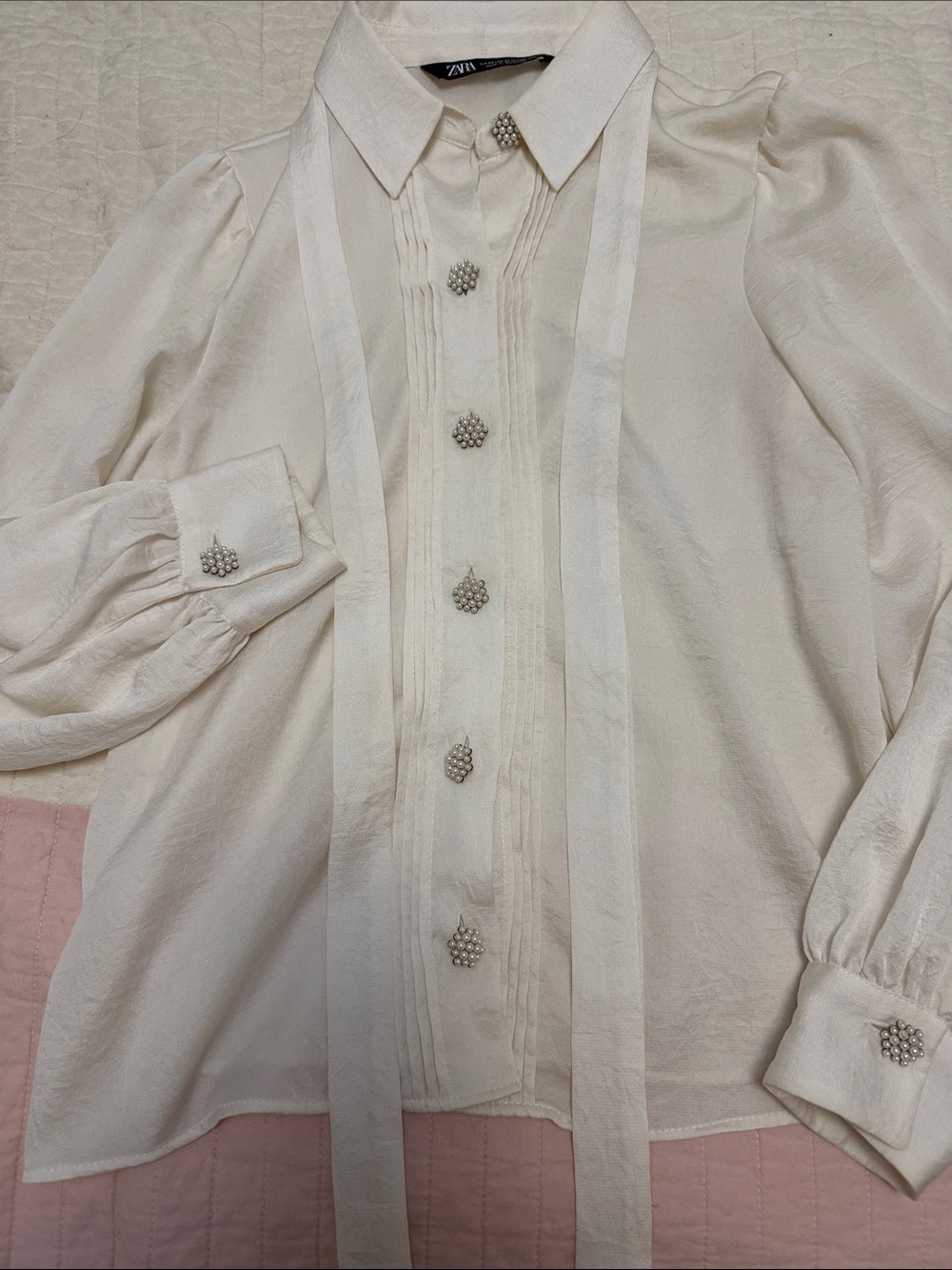 Zara Cream Pearl-Cluster Tie-Neck Blouse